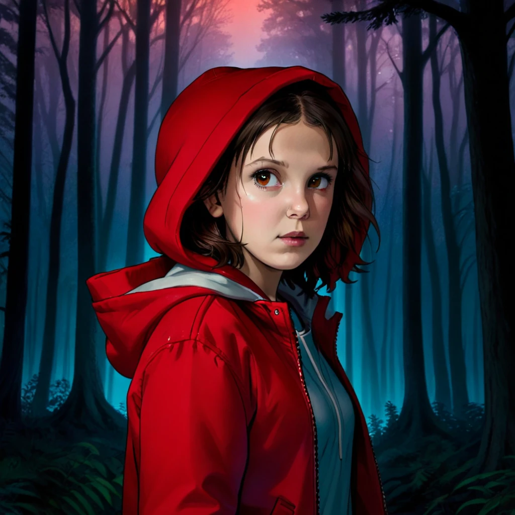 milli3 woman, millie bobby brown, 1 girl wearing red jacket and hood, Netflix, stranger things eleven, in a dark forest, front view