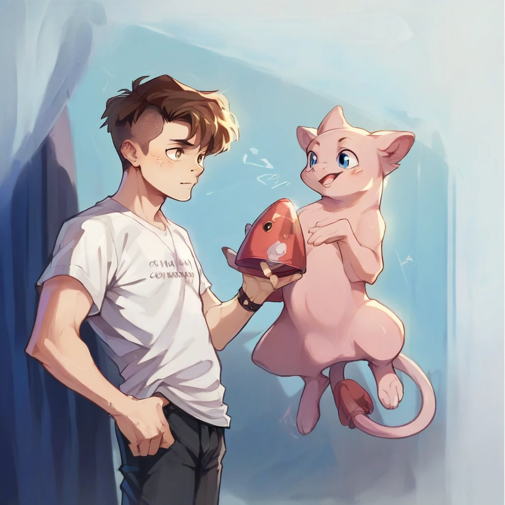 1boy ,1 mew pokemon,Human Male , Brown pixie cut Side Hair Style  , t-shirt , 