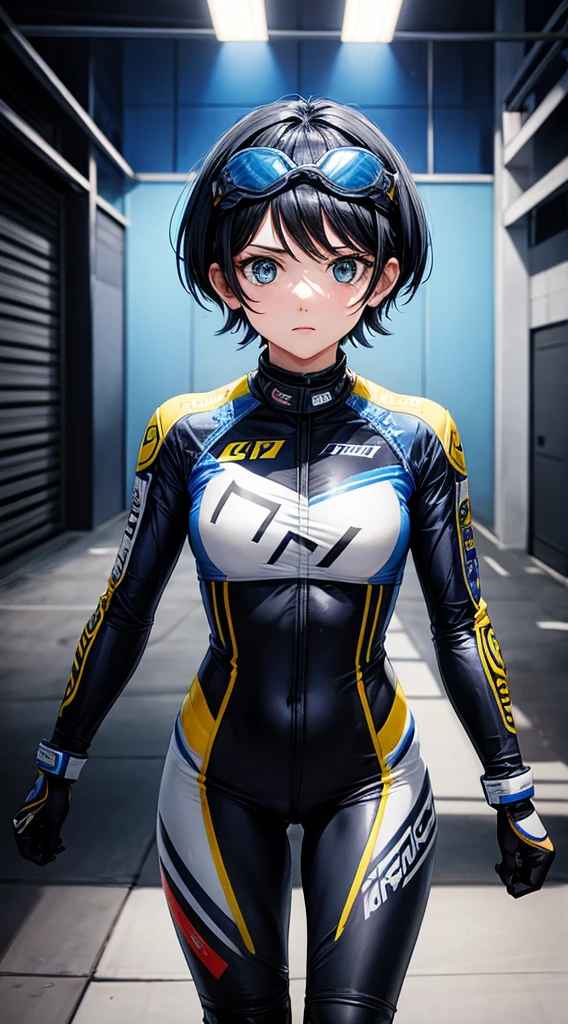 Female racer in blue and black racing suit stands in front of blue and black racing car　Black Hair　Short Hair　Blue Hair Ribbon 　Sarashina Ruka　Monza Circuit　Standing holding a racing helmet　Portraiture　Portrait