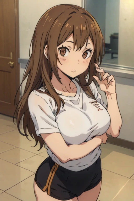 make me an oc of an anime called ハイキュー!!, Her long, straight brown hair, her honey-colored eyes