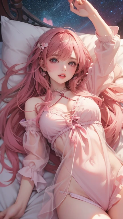 Best Quality,High resolution,8K,finelity detailed background,Masterpiece:1.2),beautiful girl,Shiny pink hair,messy hair,Pink eyes,Gentle look,A refreshing look,Best quality,Best Quality,Aesthetic and aesthetic:1.2,Best details((Super detailed))(High-definition CG illustrations),Red underwear (red,intricate lace),bodystocking,Slender body,morning,morning日,Bedroom,On the bed,smile,blush,cute,Scrounge,Looking up,Being spoiled,super model,shoot from below
