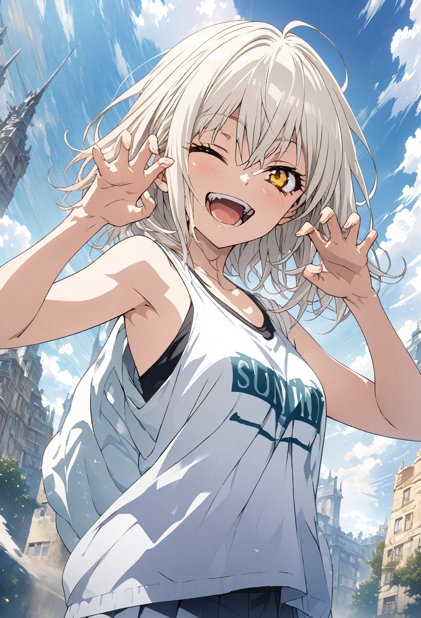 masterpiece, Highest quality, Highly detailed CG Unity 8K wallpapers, High School Girl Anime Illustration. Wear an oversized tank top、Gun pose、she has her eyes closed and mouth open, smile. The background is a light pastel colored landscape.., white hair color, Yellow Eyes, Written boundary depth