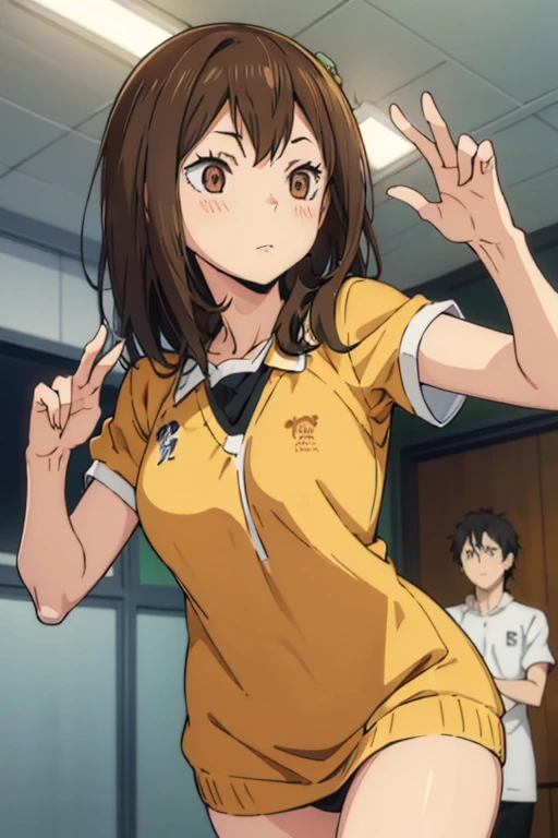 make me an oc of an anime called ハイキュー!!, Her long, straight brown hair, His honey-colored eyes are dressed in the Karasuno High School uniform.