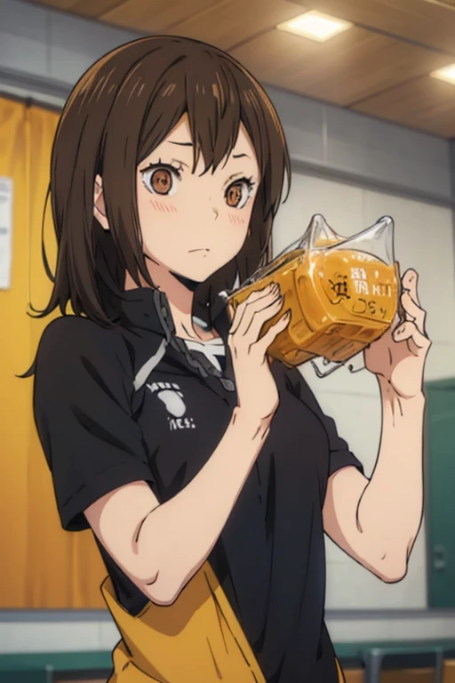 make me an oc of an anime called ハイキュー!!, Her long, straight brown hair, His honey-colored eyes are dressed in the Karasuno High School uniform.