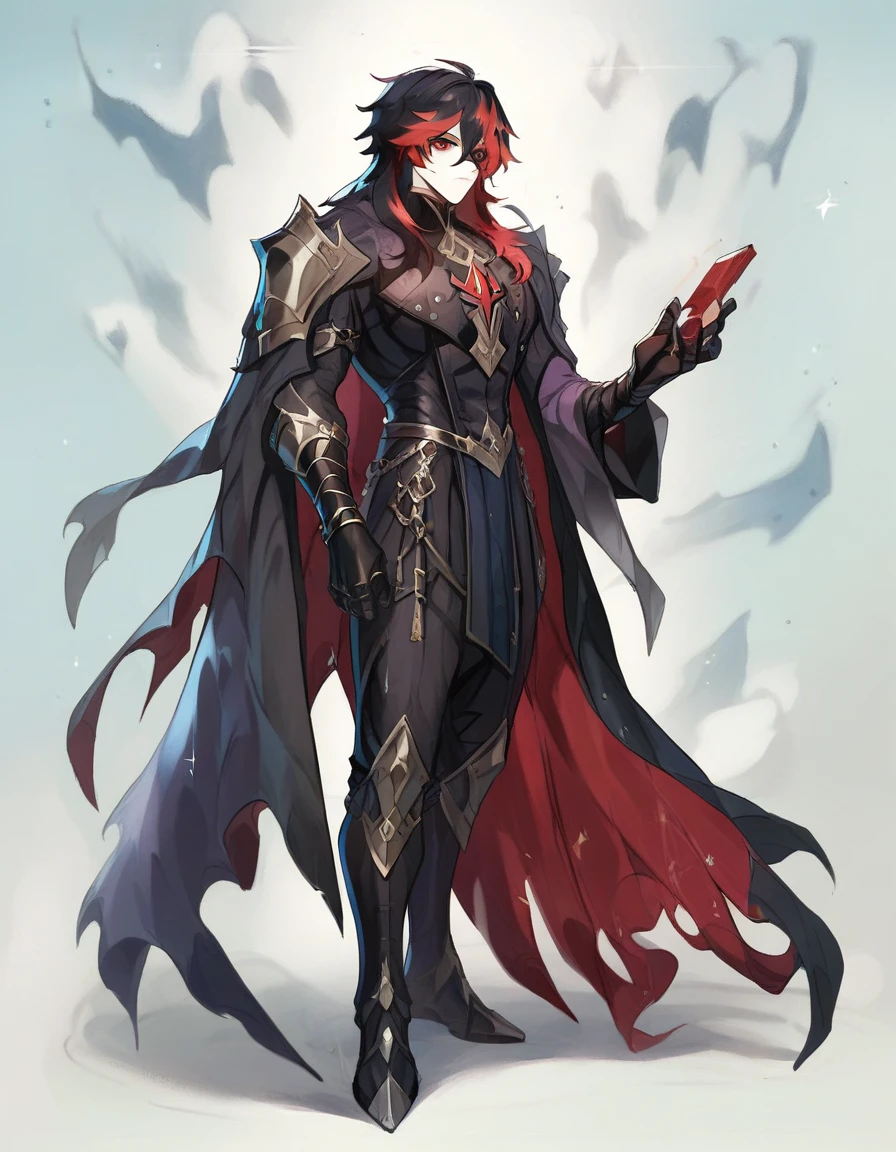 Human Male, Black haircut ,red highlights , Cold Clothing ,Genshin Impact Game Style , Black Knight armor ,Full body ,red pupils 