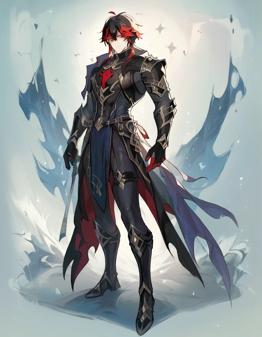 Human Male, Black haircut ,red highlights , Cold Clothing ,Genshin Impact Game Style , Black Knight armor ,Full body ,red pupils 