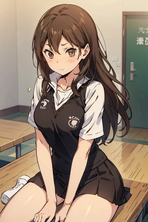 make me an oc of an anime called ハイキュー!!, Her long, wavy brown hair, Her honey-colored eyes with her Karasuno school uniform 