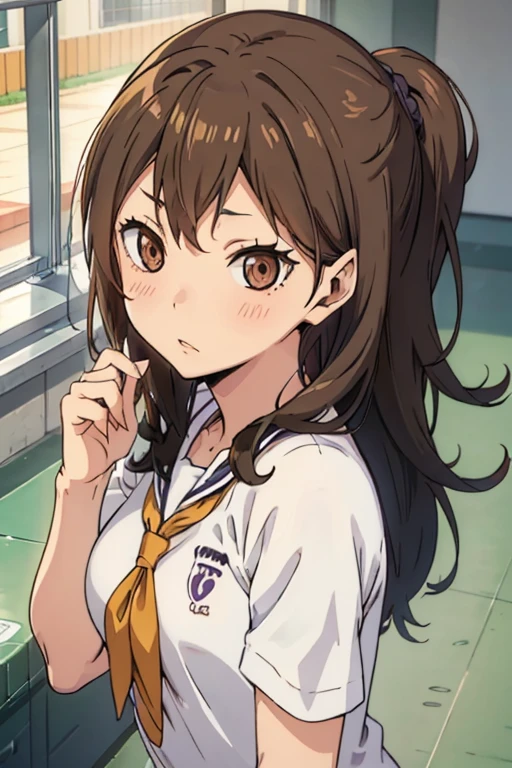 make me an oc of an anime called ハイキュー!!, Her long, wavy brown hair, Her honey-colored eyes with her Karasuno school uniform 