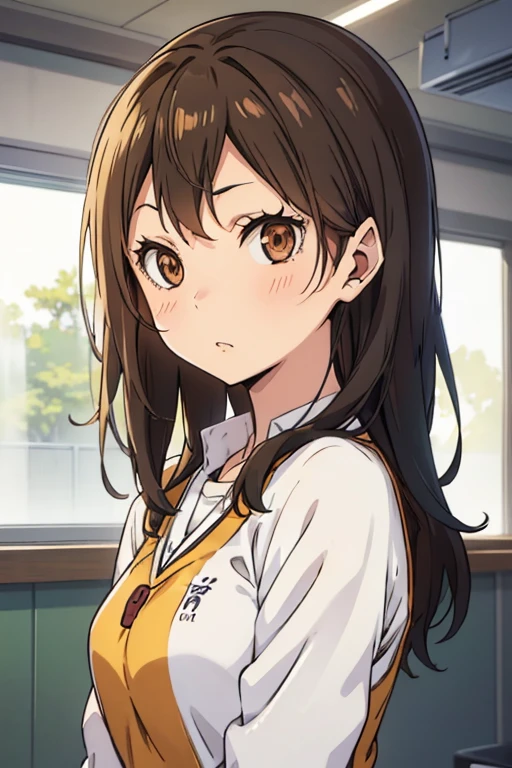 make me an oc of an anime called ハイキュー!!, Her long, wavy brown hair, Her honey-colored eyes with her Karasuno school uniform