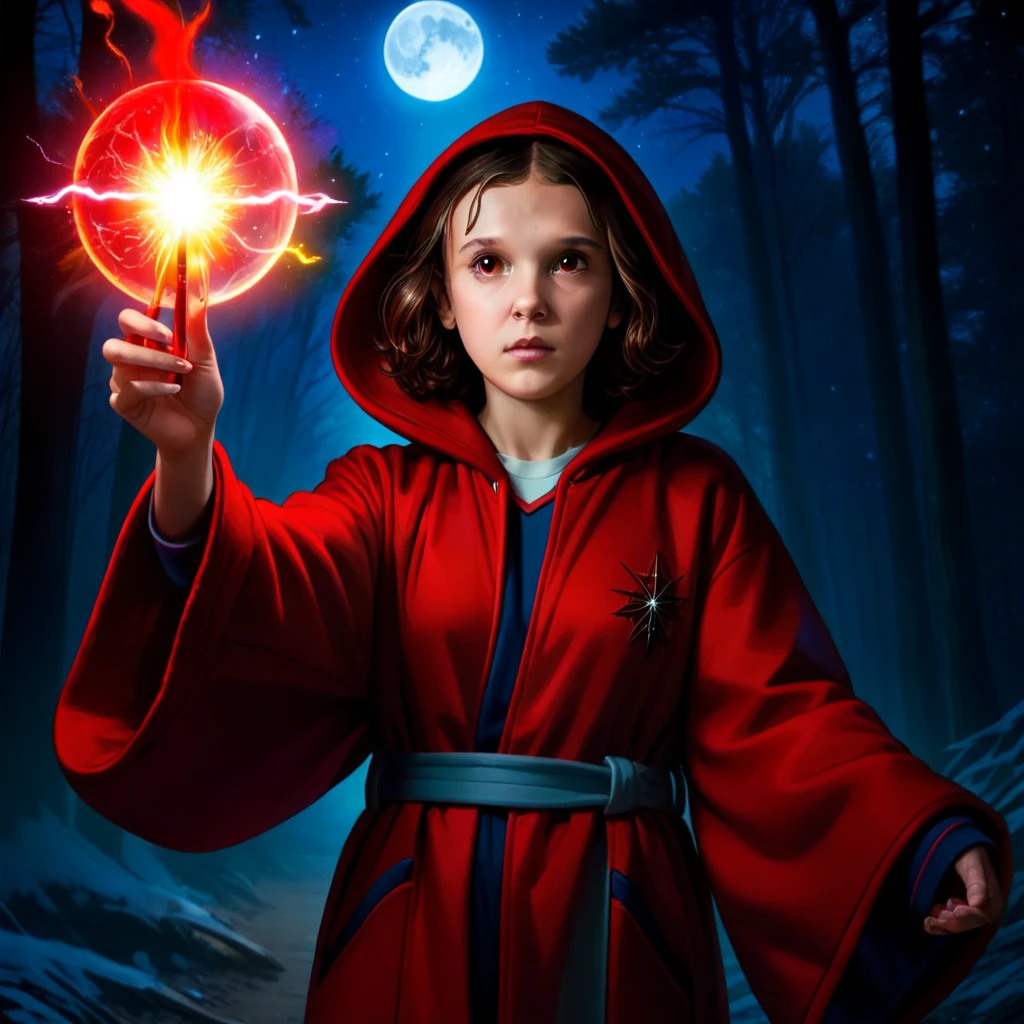 milli3 woman, millie bobby brown, 1 tough girl wearing red dark hooded silk wizard robe with glowing plasma flaming orb in her hand, netflix, stranger things, eleven, in dark forest with floating sticks in background and full moon lit sky, front view