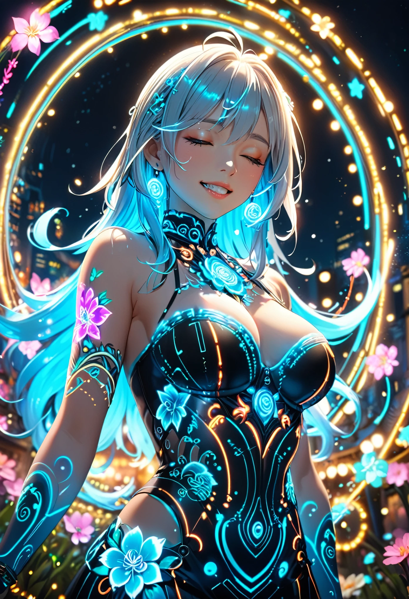 masterpiece, Highest quality, Highly detailed CG Unity 8K wallpapers, Anime screenshots, Neon chain female anime character. Female anime character art with glowing neon flower tattoos and spiral chains all over her body. This scene with flowing hair has a nice Soft Focus effect, Highlight the magical glow of your tattoo. He closed his eyes、I'm smiling with my mouth open. Bokeh Photo, (Soft Focus): 1.2, Out of focus highlights, Dreamy atmosphere, Glowing circle, Fascinating Depth, Depth of written boundary