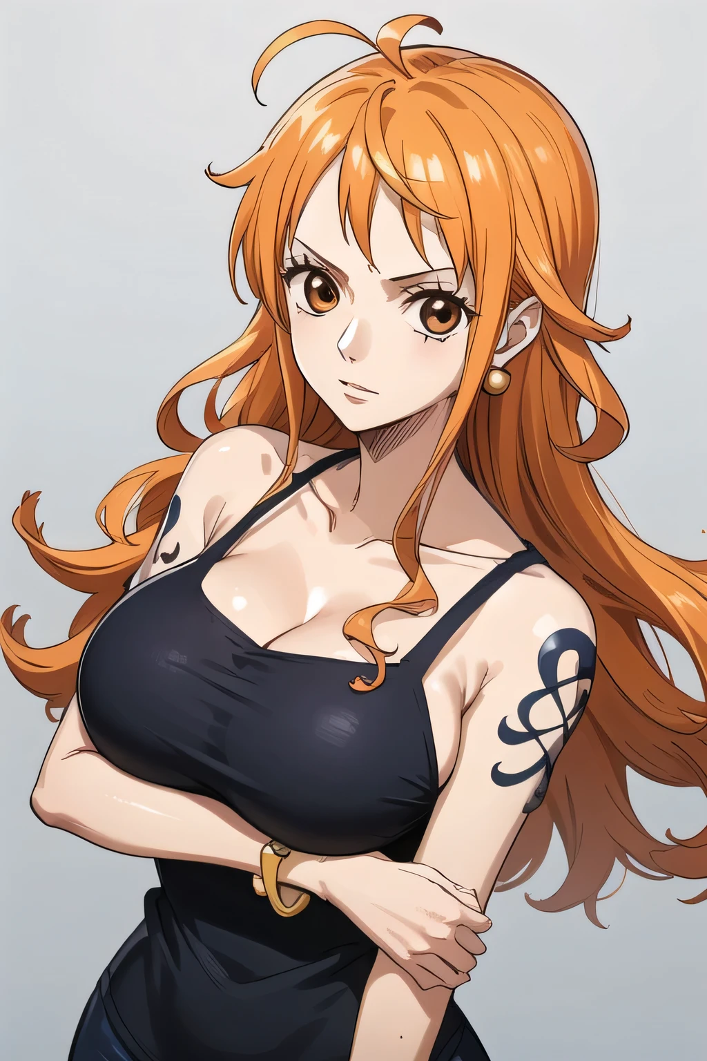 wano, nami, 1girl, long hair, jewelry, orange hair, earrings, looking at viewer, ahoge, bracelet, brown eyes, orange eyes, left shoulder tattoo, very long hair, sidelocks, bangs, collarbone, left arm tattoo, large breasts, eyelashes, shiny hair, vavy hair, bangle, 