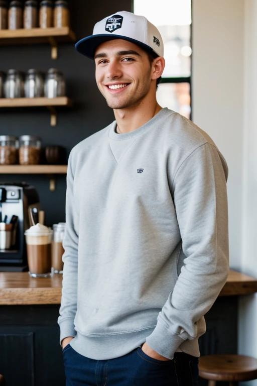 <lora:fic-carlos:1> a man wearing Thermal shirt and fleece pants, coffee shop ,deep canyon