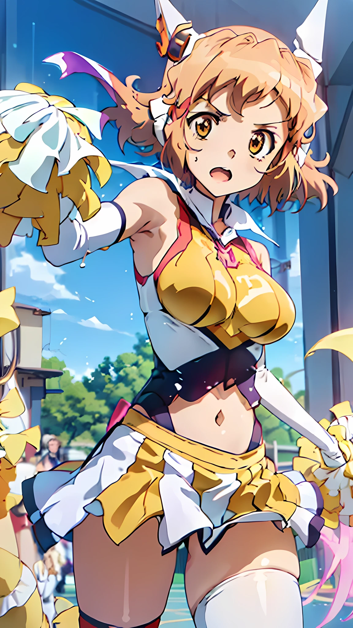 masterpiece, Highest quality, (Highly detailed CG Unity 8K wallpapers), (Highest quality), (Best illustrations), (Best Shadow), An anime girl in a cheerleader costume、Cheerleaders holding up, Splash art anime , Hibiki Tachibana, High-quality artwork, Strongest Pose, Official Anime Artwork, Casciato, Casciato kenz, Official artwork, Beasts, Smooth anime CG art, Naughty, Official anime stills