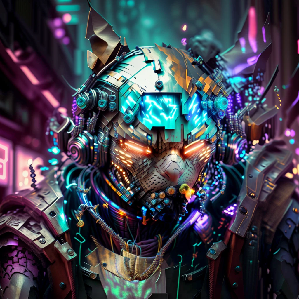 cyberpunk arafed pitbull dog in a spacesuit with a glowing collar with holographic glasses with antennas with headphones, 