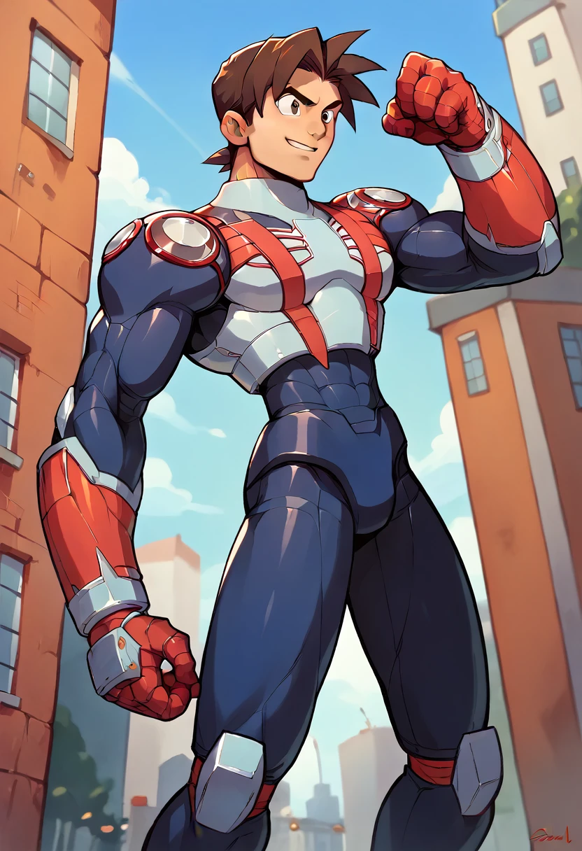 Highest quality,RAW Photos,Professional Art Works,Guts pose,m3g4m4n,Spiderman-inspired armor,Muscular,Brown Hair, boy,