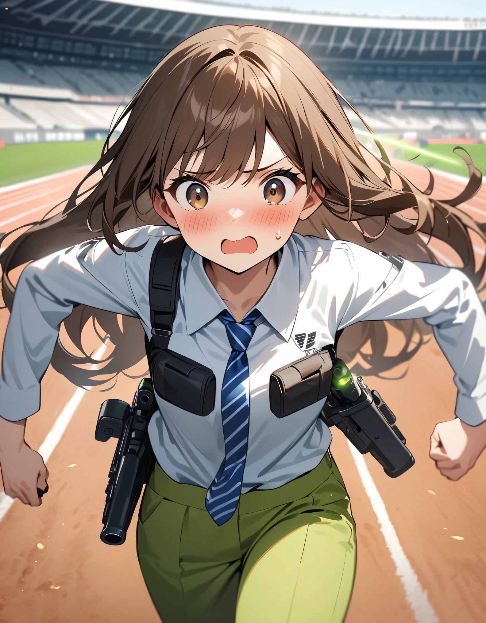 masterpiece, best quality, highres, 1girl, solo, solo focus, dark brown hair, long hair, hazel brown eyes, beautiful detailed eyes, beautiful detailed face, cute face, light blue shirt, long sleeves, shoulder holster, blue striped necktie, green pants, black shoes. blush, shy, klutzy, ((sweatdrop)). tokyo stadium backdrop, outdoors. holding weapon, holding gun, with two hands, blaster rifle, trigger discipline. ((running, dodging green laser gunfire)).