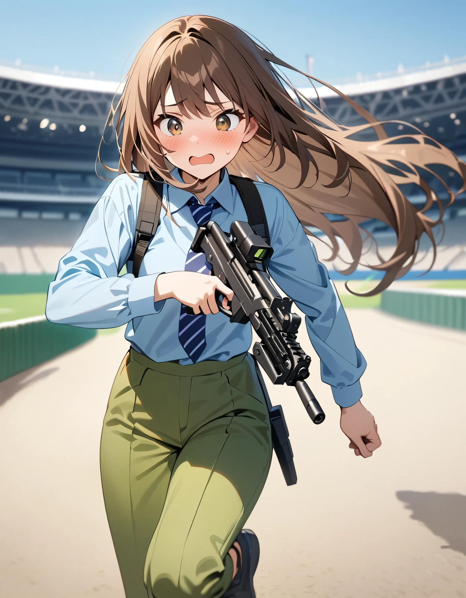 masterpiece, best quality, highres, 1girl, solo, solo focus, dark brown hair, long hair, hazel brown eyes, beautiful detailed eyes, beautiful detailed face, cute face, light blue shirt, long sleeves, shoulder holster, blue striped necktie, green pants, black shoes. blush, shy, klutzy, ((sweatdrop)). tokyo stadium backdrop, outdoors. holding weapon, holding gun, with two hands, blaster rifle, trigger discipline. ((running, dodging green laser gunfire)).