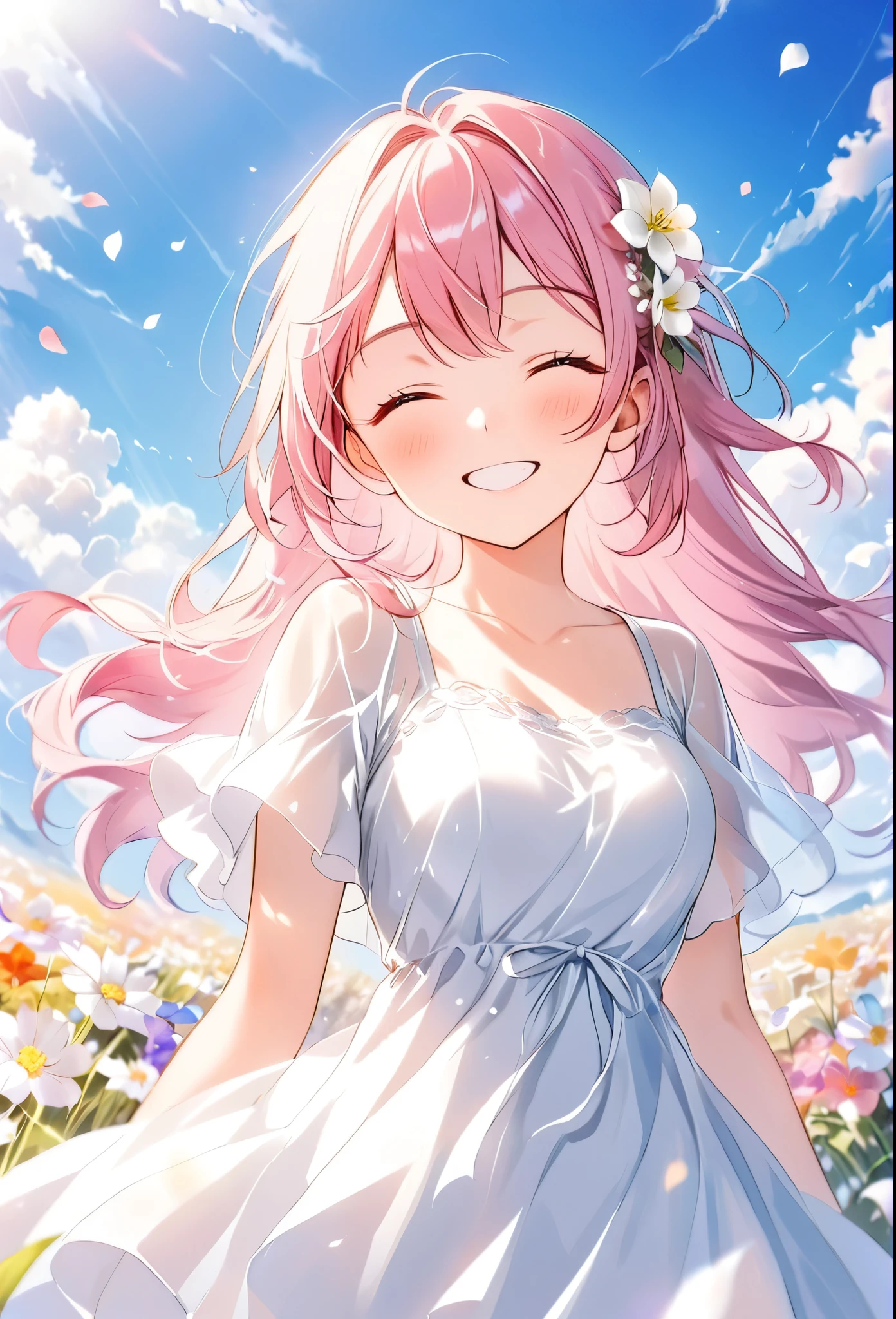 1girl,flower,outdoors,solo,dress,long hair,closed eyes,sky,holding,smile,cloud,closed mouth,field,blush,day,blue sky,white flower,holding flower,flower field,short sleeves,teeth,white dress,petals,facing viewer,pink hair,floating hair,wind,happy,white dress,multicolored wildflowers,small head