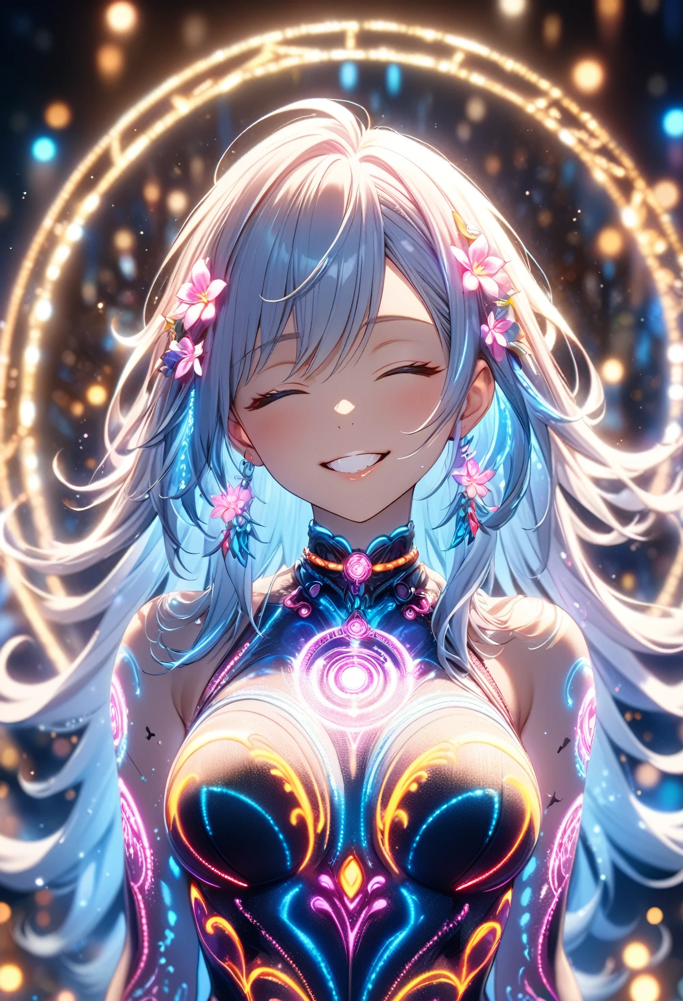 masterpiece, Highest quality, Highly detailed CG Unity 8K wallpapers, Anime screenshots, Neon chain female anime character. Female anime character art with glowing neon flower tattoos and spiral chains all over her body. This scene with flowing hair has a nice Soft Focus effect, Highlight the magical glow of your tattoo. He closed his eyes、I'm smiling with my mouth open. Bokeh Photo, (Soft Focus): 1.2, Out of focus highlights, Dreamy atmosphere, Glowing circle, Fascinating Depth, Depth of written boundary