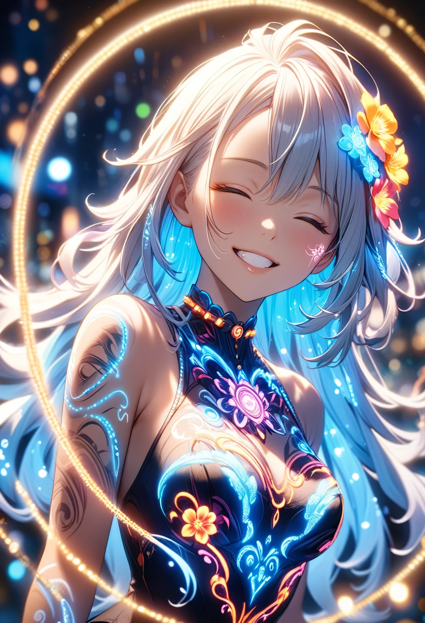 masterpiece, Highest quality, Highly detailed CG Unity 8K wallpapers, Anime screenshots, Neon chain female anime character. Female anime character art with glowing neon flower tattoos and spiral chains all over her body. This scene with flowing hair has a nice Soft Focus effect, Highlight the magical glow of your tattoo. He closed his eyes、I'm smiling with my mouth open. Bokeh Photo, (Soft Focus): 1.2, Out of focus highlights, Dreamy atmosphere, Glowing circle, Fascinating Depth, Depth of written boundary