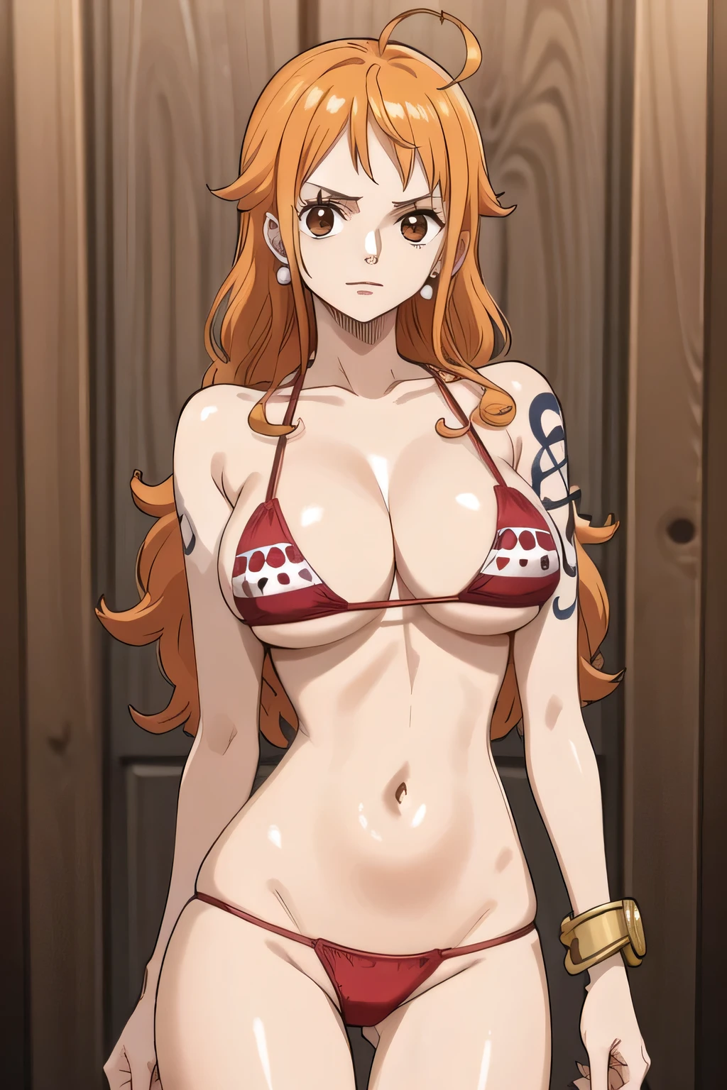 wano, nami, 1girl, long hair, jewelry, orange hair, earrings, looking at viewer, ahoge, bracelet, brown eyes, orange eyes, left shoulder tattoo, very long hair, sidelocks, bangs, collarbone, left arm tattoo, large breasts, eyelashes, shiny hair, vavy hair, bangle, red bikini,