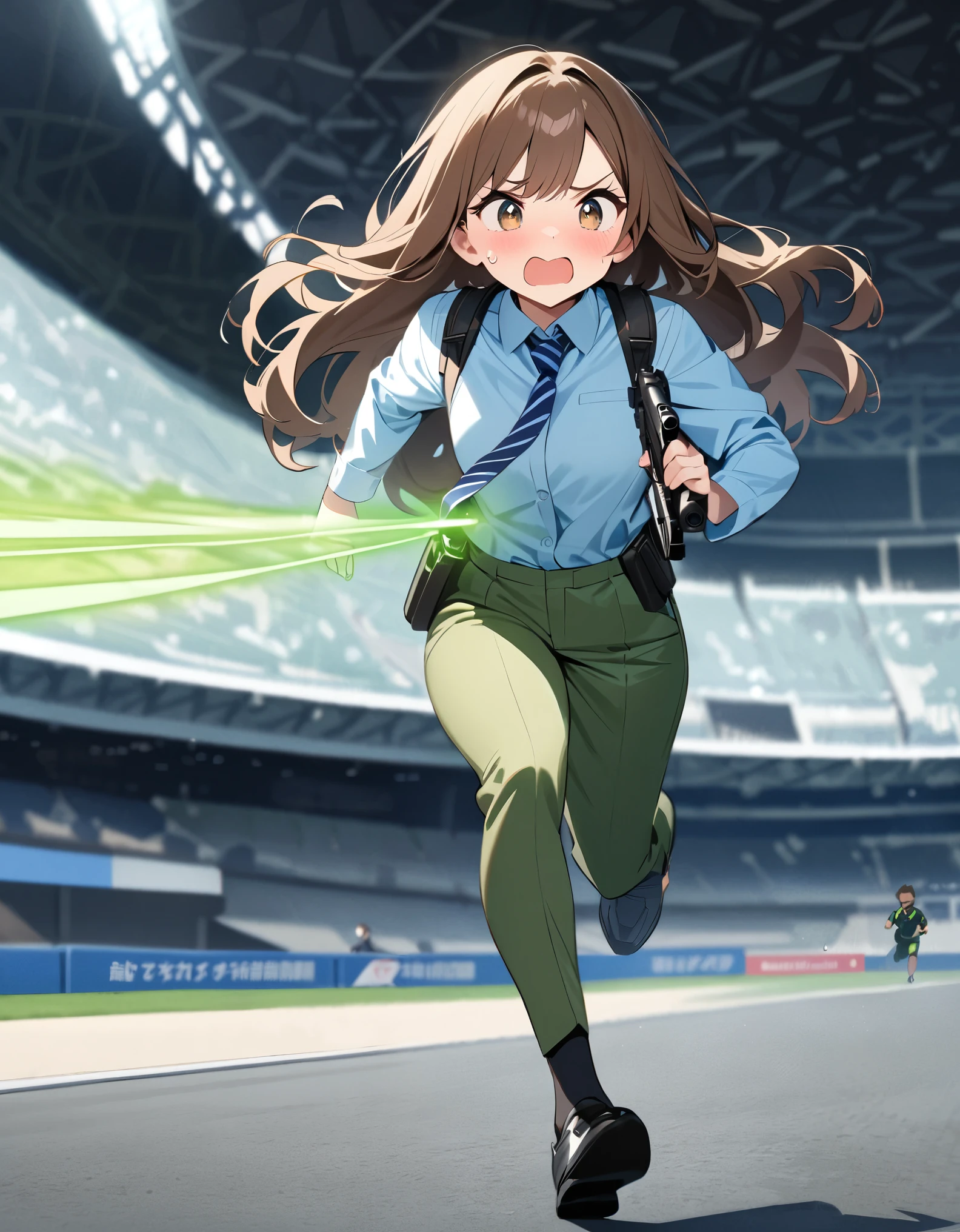 masterpiece, best quality, highres, 1girl, solo, solo focus, dark brown hair, long hair, hazel brown eyes, beautiful detailed eyes, beautiful detailed face, cute face, light blue shirt, long sleeves, shoulder holster, blue striped necktie, green pants, black shoes. blush, shy, klutzy, ((sweatdrop)). tokyo stadium backdrop, outdoors. holding weapon, holding gun, blaster rifle, trigger discipline. ((running, dodging green laser gunfire)).