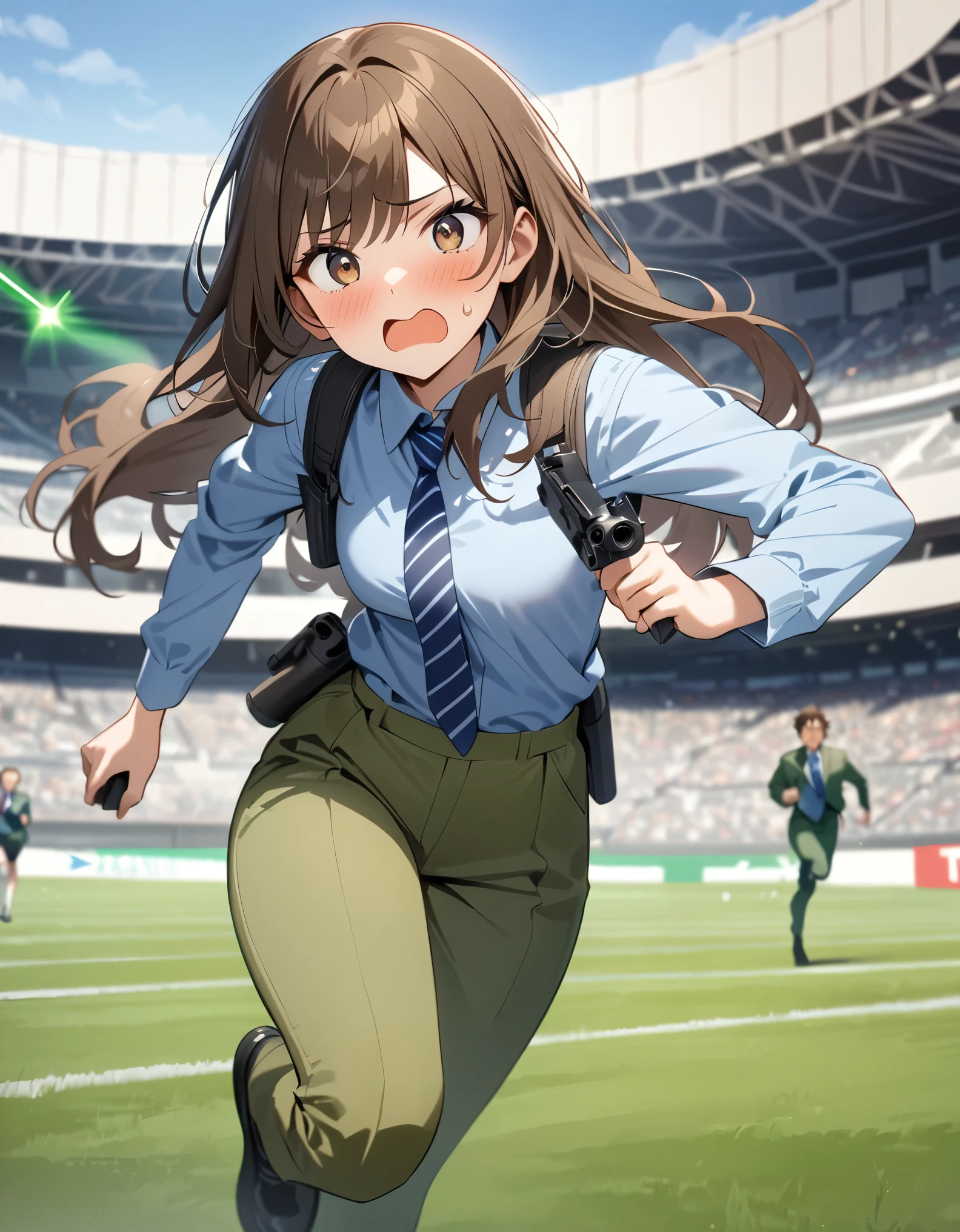 masterpiece, best quality, highres, 1girl, solo, solo focus, dark brown hair, long hair, hazel brown eyes, beautiful detailed eyes, beautiful detailed face, cute face, light blue shirt, long sleeves, shoulder holster, blue striped necktie, green pants, black shoes. blush, shy, klutzy, ((sweatdrop)). tokyo stadium backdrop, outdoors. holding weapon, holding gun, blaster rifle, trigger discipline. ((running, dodging green laser gunfire)).