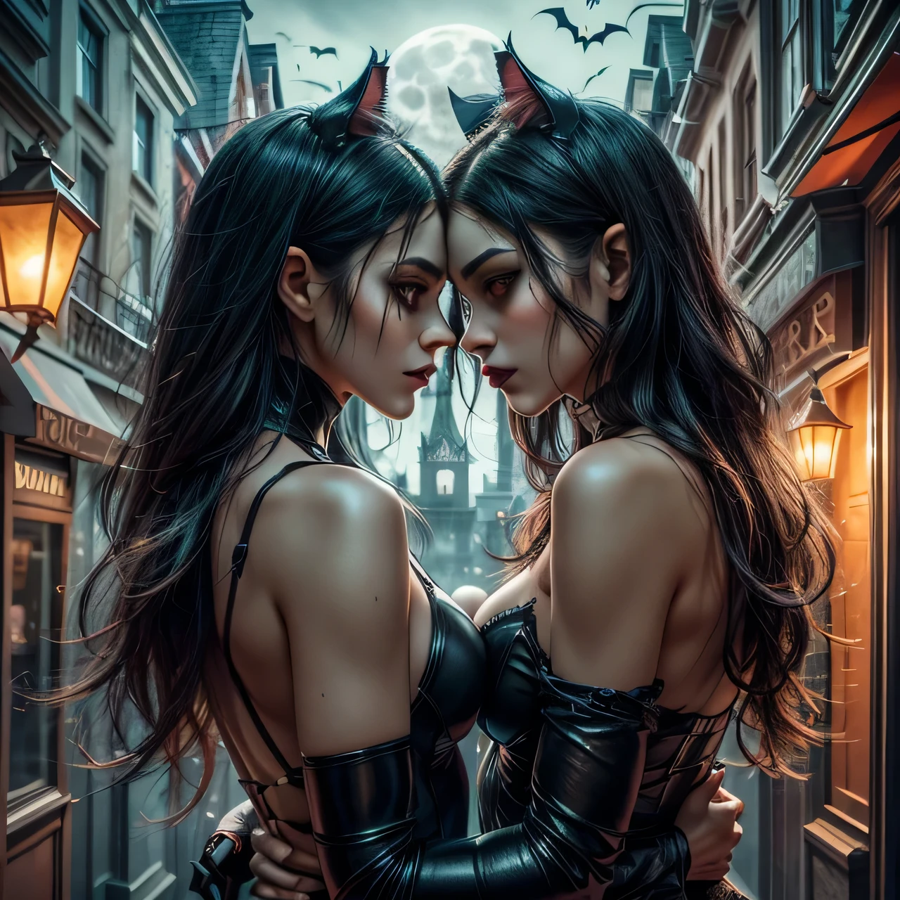 two women in catsuits are standing in a street, kylie jenner as catwoman, cat woman, by Hedi Xandt, catwoman, tumblr, doja cat as cat woman, inspired by Hedi Xandt, beautiful sci - fi twins, anigirl batman, kiss, soft devil queen madison beer, by Emma Andijewska, beautiful gemini twins(masterpiece),(vampire),(unrivalled quality:1.4), ultra-high resolution,hyperrealistic, dark fantasy portrait, (sharp focus:1.1), photo of a vampire,gothic horror vibes, Guweiz-style art, dark fantasy mixed with realism, gothic aesthetic, gothic art style,HalloweenGlowStyle,red eyes,black lips,bats, gothic architectural style, full moon, moonlight,clean face