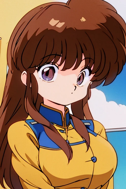 make me an oc of an anime called ランク1/2, Her long, straight brown hair, her honey-colored eyes , that is wearing the uniform