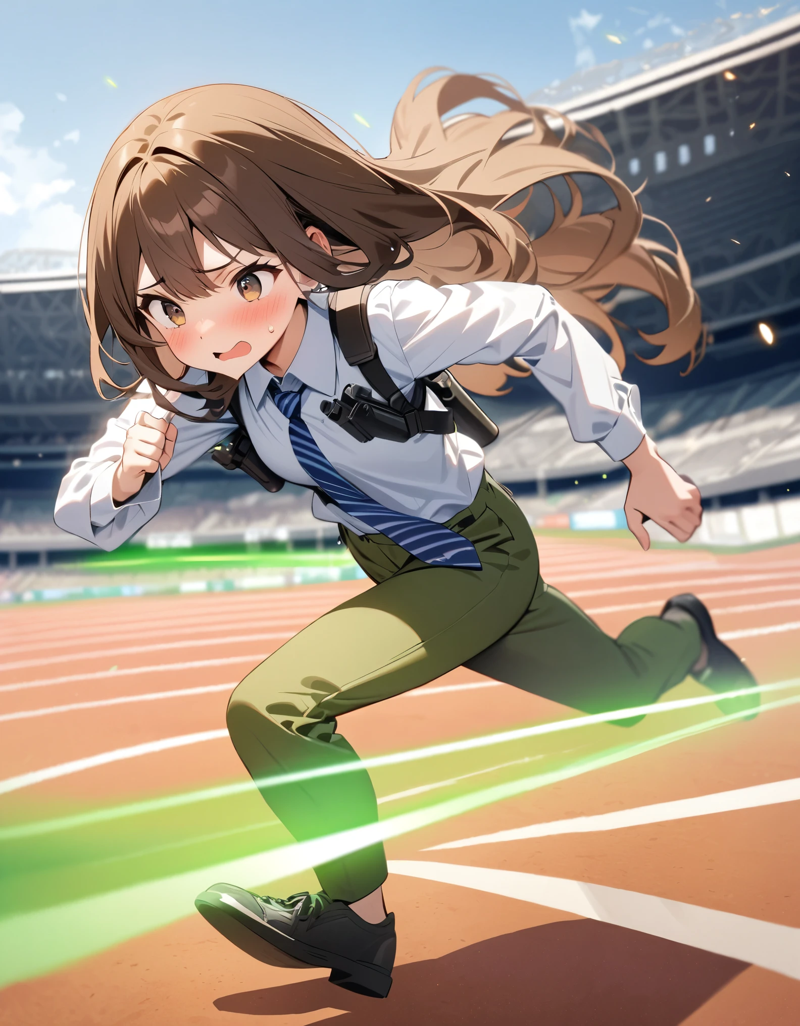 masterpiece, best quality, highres, 1girl, solo, solo focus, dark brown hair, long hair, hazel brown eyes, beautiful detailed eyes, beautiful detailed face, cute face, light blue shirt, long sleeves, shoulder holster, blue striped necktie, green pants, black shoes. blush, shy, klutzy, ((sweatdrop)). tokyo stadium backdrop, outdoors. holding weapon, holding gun, blaster rifle, trigger discipline. ((running, dodging green lasers)).