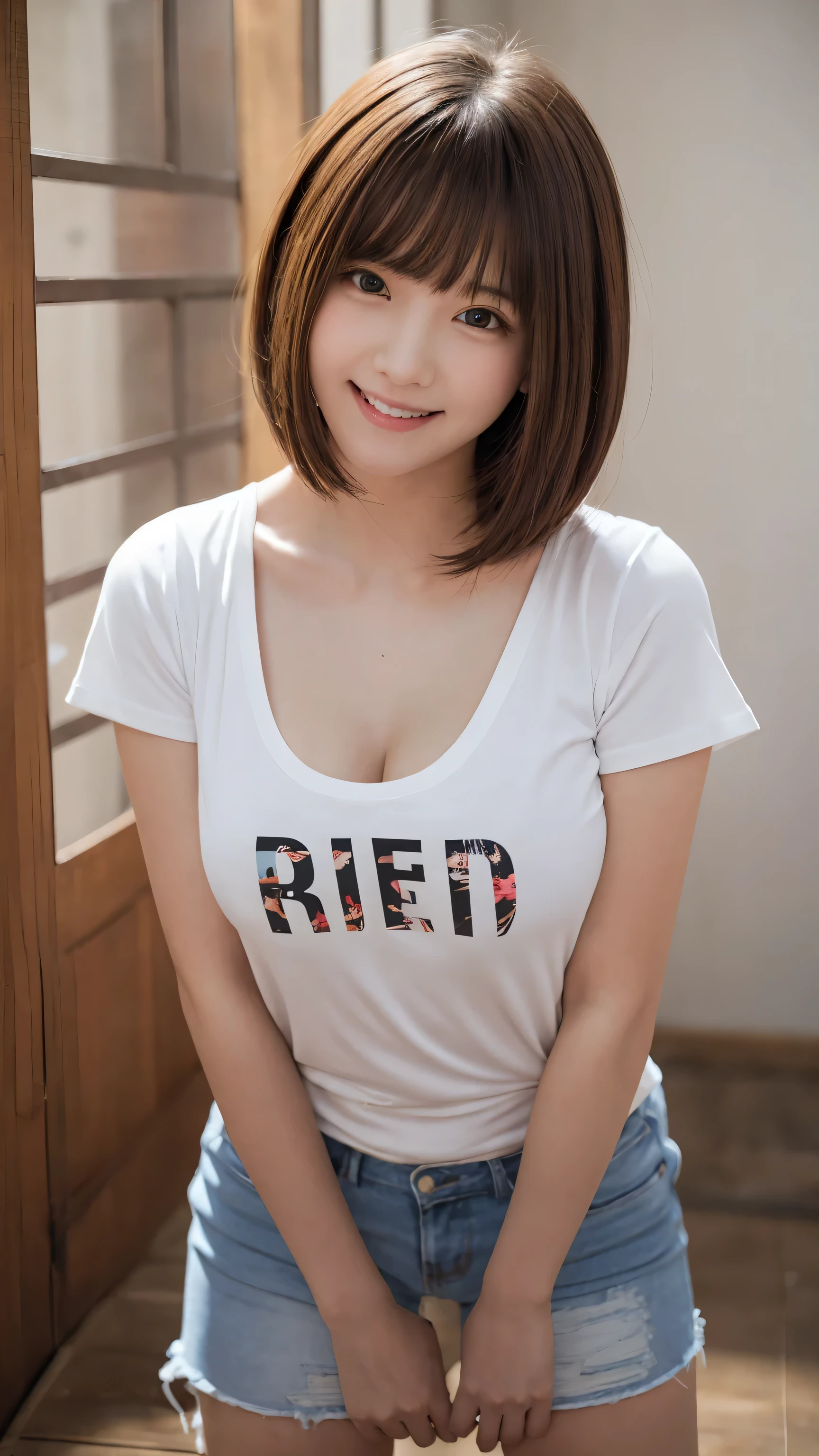 beautiful girl, (cut out, See-through clothes Bust:1.3, Transparent T-shirt:1.3, Low-rise hot pants:1.3), (16 years:1.3), break, (WALL background), break, Shy laugh, Baby Face, Very beautiful eyes, (Symmetrical eyes:1.3), break, (D cup breasts:1.2), Brown eyes, Parted bangs, Brown bob cut hair:1.3, Round face, cute, break, (Eye and facial details:1.0), Spread your legs:1.3, Shooting from below, Pussy Line, Camel Toe, Looking into the camera, masterpiece, Highest quality, RAW Photos, Realistic, cute人々, Written boundary depth, High resolution, Very detailedな, In detail, Very detailed, Very detailed, Sharp pupils, Cinema Lighting