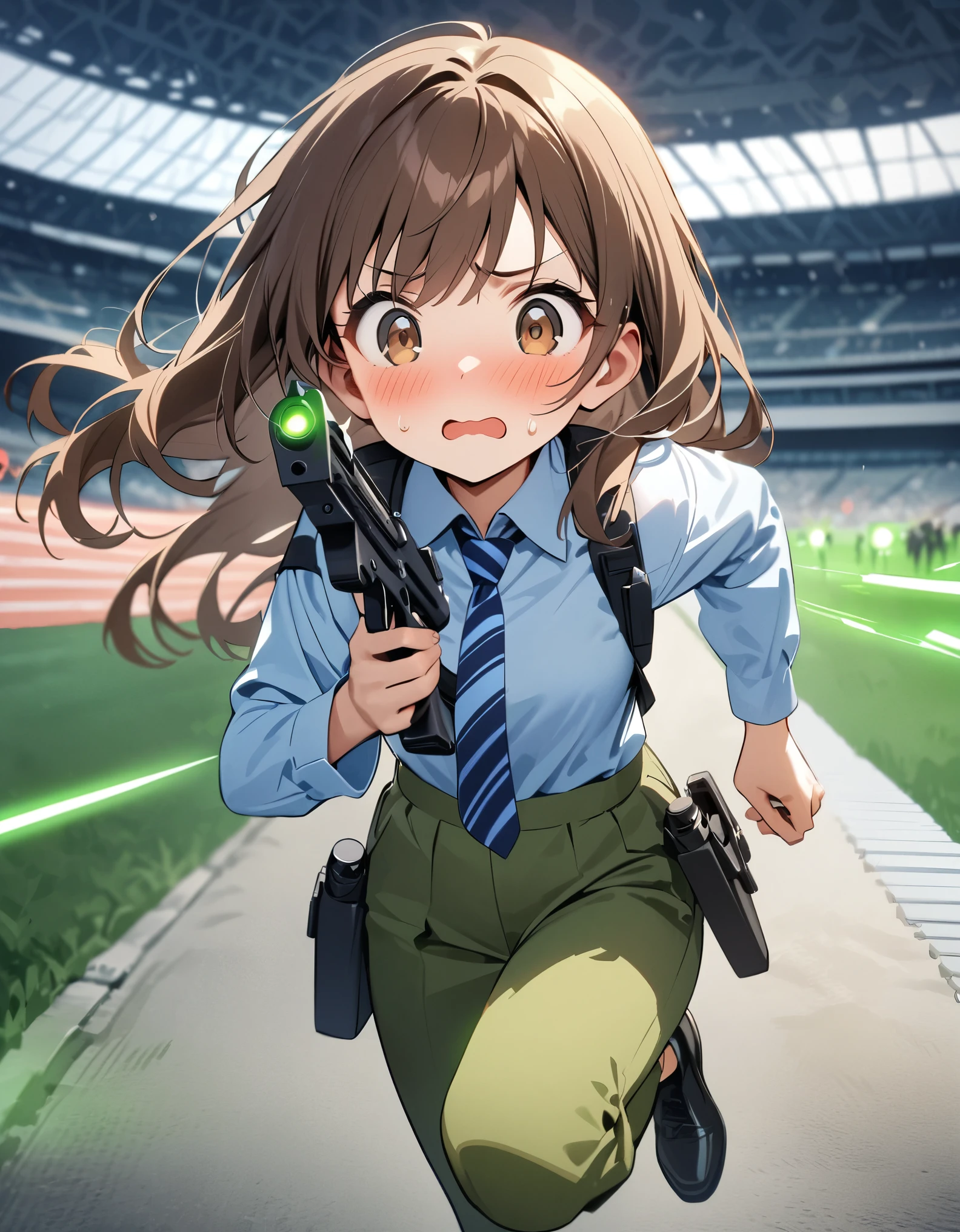 masterpiece, best quality, highres, 1girl, solo, solo focus, dark brown hair, long hair, hazel brown eyes, beautiful detailed eyes, beautiful detailed face, cute face, light blue shirt, long sleeves, shoulder holster, blue striped necktie, green pants, black shoes. blush, shy, klutzy, ((sweatdrop)). tokyo stadium backdrop, outdoors. holding weapon, holding gun, blaster rifle, trigger discipline. ((running, dodging green lasers)).