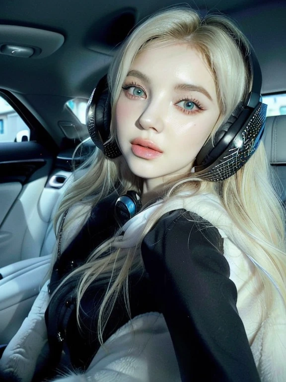 blonde woman with headphones sitting in a car wearing a fur coat, Ava Max, Anna Nikonova aka Newmilky, Yelena Belova, Style of Julia Razumova, Dasha Taran, long blonde hair and big eyes, portrait of Kim Petras, beautiful blonde girl, Perfect white hair girl, blonde hair and big eyes, perfect face )