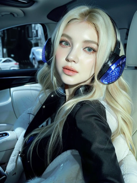 blonde woman with headphones sitting in a car wearing a fur coat, Ava Max, Anna Nikonova aka Newmilky, Yelena Belova, Style of Julia Razumova, Dasha Taran, long blonde hair and big eyes, portrait of Kim Petras, beautiful blonde girl, Perfect white hair girl, blonde hair and big eyes, perfect face )