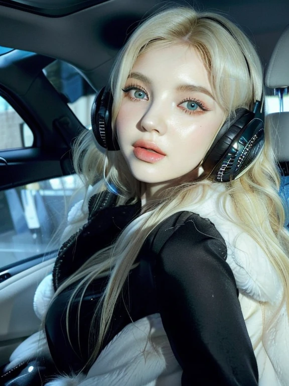 blonde woman with headphones sitting in a car wearing a fur coat, Ava Max, Anna Nikonova aka Newmilky, Yelena Belova, Style of Julia Razumova, Dasha Taran, long blonde hair and big eyes, portrait of Kim Petras, beautiful blonde girl, Perfect white hair girl, blonde hair and big eyes, perfect face )