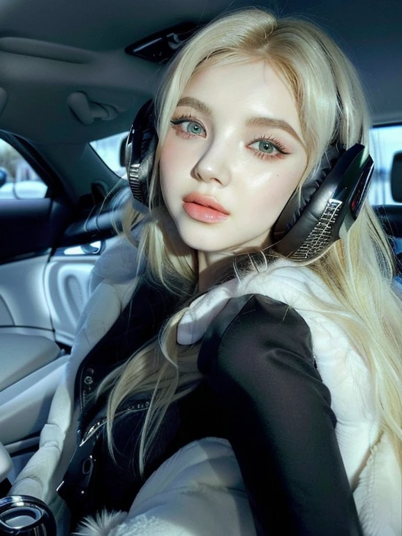 blonde woman with headphones sitting in a car wearing a fur coat, Ava Max, Anna Nikonova aka Newmilky, Yelena Belova, Style of Julia Razumova, Dasha Taran, long blonde hair and big eyes, portrait of Kim Petras, beautiful blonde girl, Perfect white hair girl, blonde hair and big eyes, perfect face )