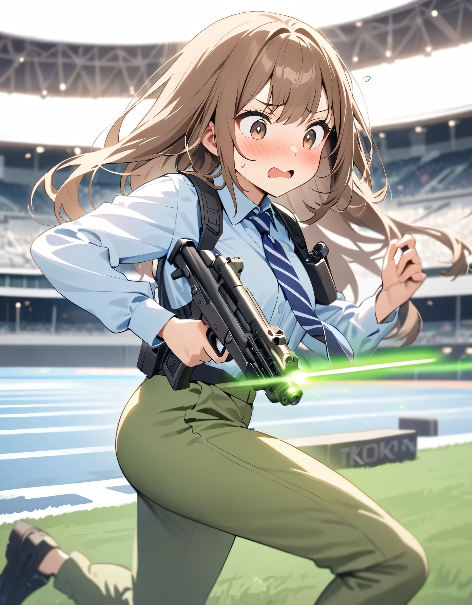 masterpiece, best quality, highres, 1girl, solo, solo focus, dark brown hair, long hair, hazel brown eyes, beautiful detailed eyes, beautiful detailed face, cute face, light blue shirt, long sleeves, shoulder holster, blue striped necktie, green pants, black shoes. blush, shy, klutzy, ((sweatdrop)). tokyo stadium backdrop, outdoors. holding weapon, holding gun, blaster rifle, trigger discipline. ((running, dodging green lasers)).