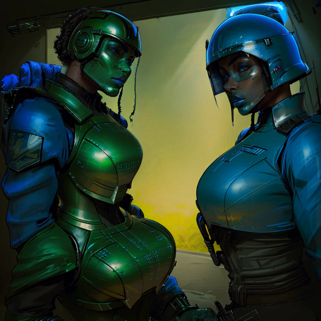 masterpiece, best quality, sci fi soldier, blue lipstick, badass armor, heavy warhammer armor, green armor, heavy armor, dark skin, soldier helmet, futuristic armor, futuristic helmet