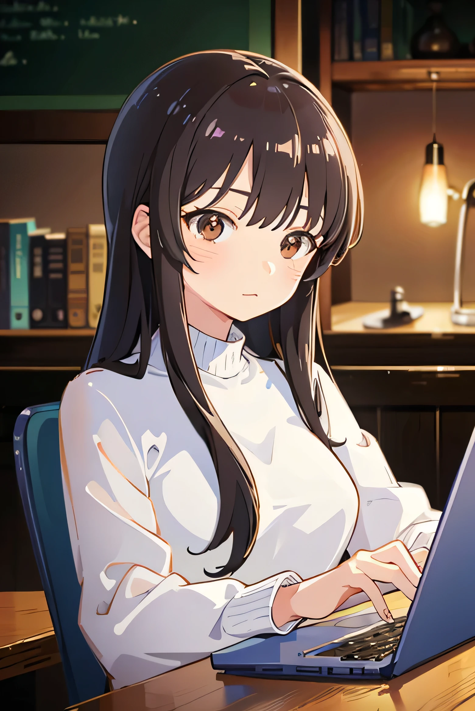 (Masterpiece:1.2, high quality), (pixiv:1.4), a woman using a laptop, brown eyes, blush, close-up, bangs, portrait, focused expression, long brown hair, natural lighting, showing concentration and engagement in her work