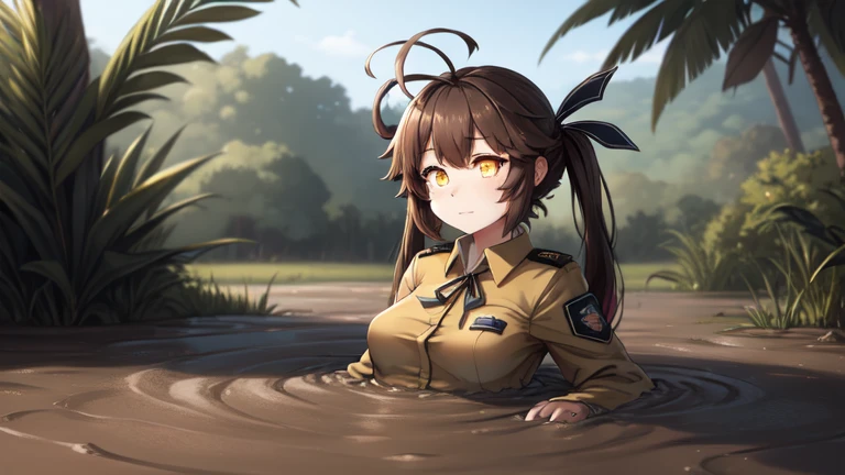 m14 (girls frontline), brown shirt, ahoge, brown hair, eyebrows visible through hair, medium breasts, long sleeves, multicolored hair, ribbon, twintails,two-tone hair,yellow eyes, partially submerged, in mud, flooding up to the chest, upper body, military uniform, jungle,  