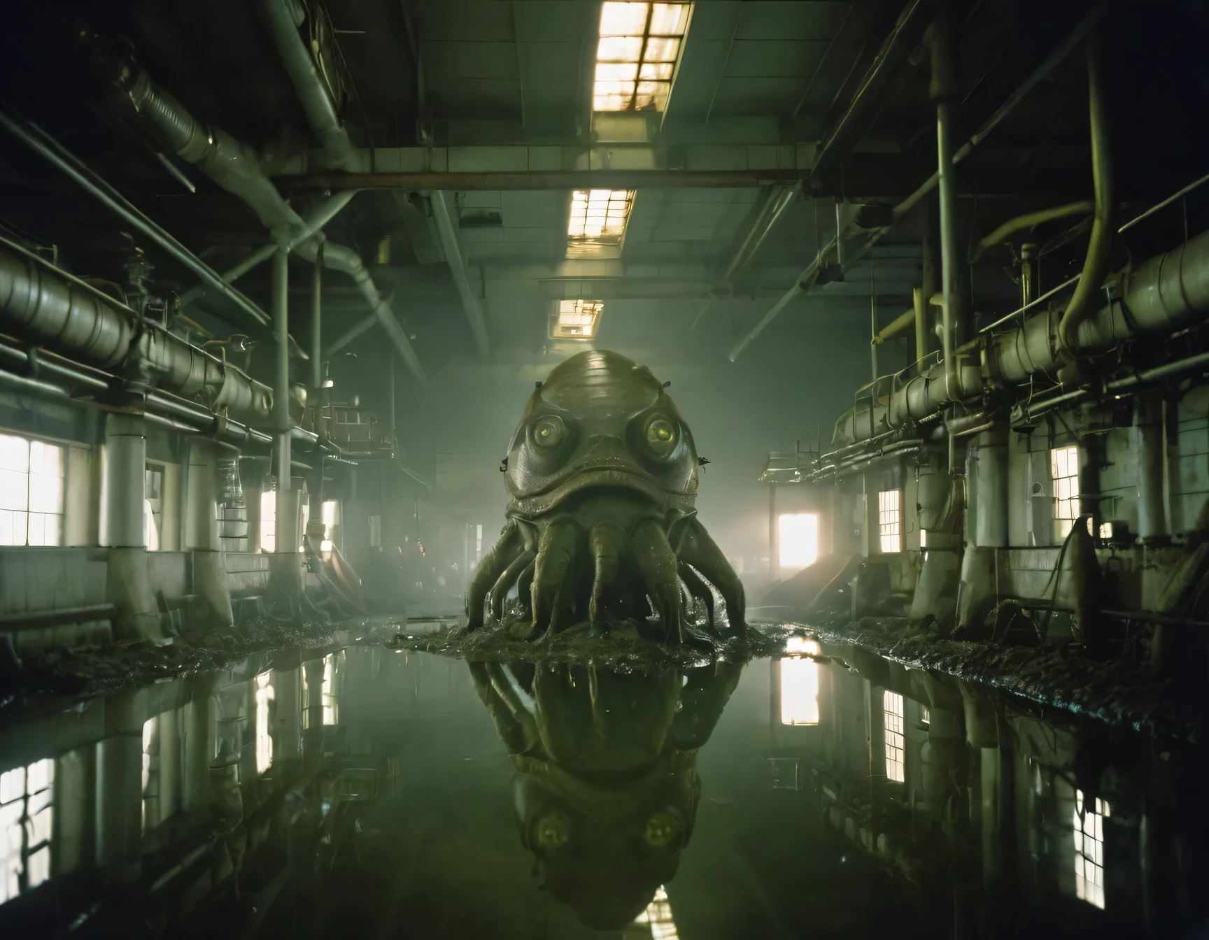 RAW photo, (by Todd Schorr:0.9), photograph, bizarre otherwordly humanly creature, from inside a Sewage treatment plant, Hazy conditions, shallow depth of field, Neo-Primitivism, Reflected light, film camera, F/14