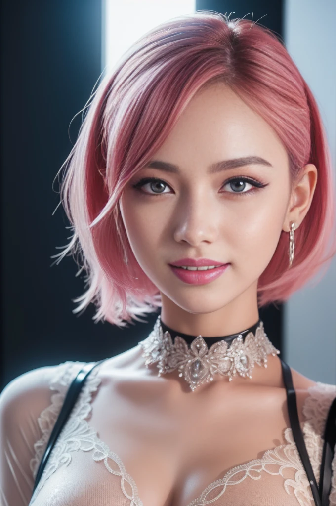 nsfw、sexy stylish female idol、glossy transparent lipstick、smiling face、defined eyebrows、long eyelashes、full body Esbian、sheer latex dress(neon pink)、Colorful hair