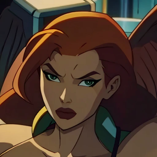 Shayera hawkgirl, voluptuous redhead and big bust,  big angel wings,  beautiful face,  