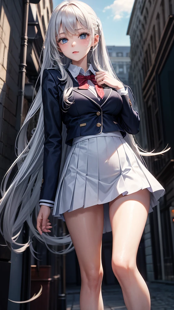 Ultra-realistic 8K CG,Flawless face,flawless perfection,tmasterpiece,Perfect face,Beautiful face,Beautiful eyes,((Perfect female body)),(((tmasterpiece))), (((best qualtiy))), ((ultra - detailed)), (At the office), (highly detailed CGillustration), ((Very fine and beautiful)),Mature and beautiful,flustered, full blush, view the viewer,Ultra-detailed CG,Exquisite facial features,Clear facial expressions,Detailed digital anime art,Digital anime art,High quality anime art style, (Masterpiece), Best quality, Perfect face, ((1girll)), Mature woman, Leaning forward, ((Very long gray hair:1.5)), High ponytail, extremely giant breasts, Hanging breasts, cleavage, Narrow waist, ((mini shirt, ribbon:1.2)), Wearing glasses, ((Superskirt:1.5)), choker necklace, Very small shirt, Transparent shirt, ((Blue skirt:1.2)), ((The skirt was blown away)), ((Mini tight skirt: 1.5)), ((full body:1.5)), High heels, Garters, ((Lace stockings:1.2)), ((Long and slender legs)), Beautiful legs,Erotic,Seductive pose, ((show underwear, Show panties:1.2)),accidental exposure, Expose breasts,((standing:1.2)), (Open legs:1.2), ((Front Shooting)), Slender figure, (nurses uniform)