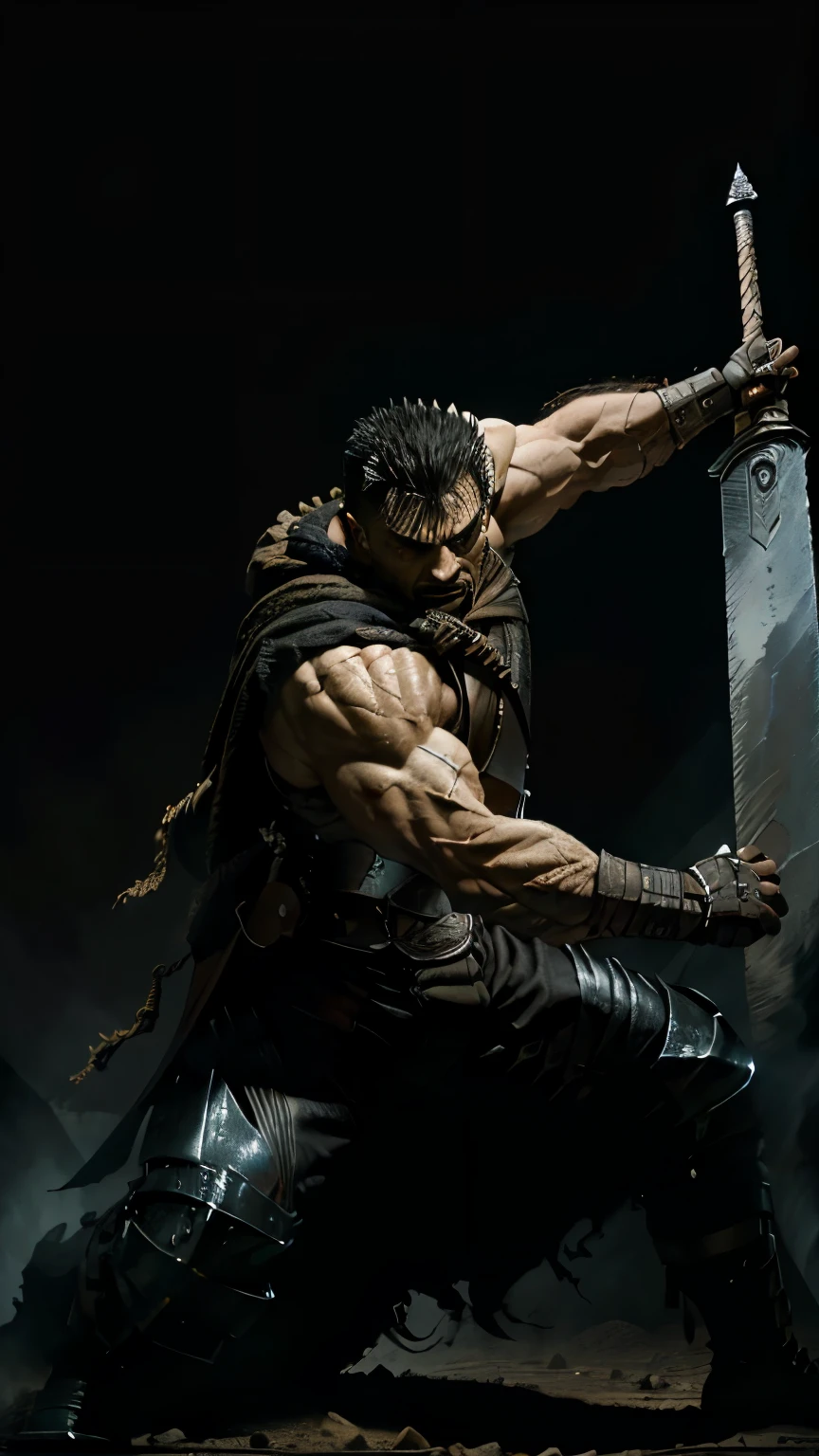 A warrior in black wielding a huge two-handed sword, short hair, Big muscular man. Angry Eyes, The most natural and amazing movements. The Battle of Light and Darkness, Rembrandt, Destructive impulses, Perfect Proportions,Dynamic Angle, (Wields an abnormally large sword)