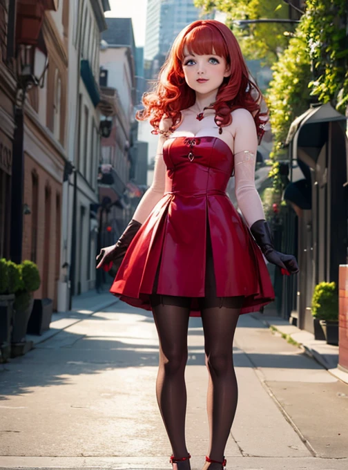 Melissa Rauch, vampire girl, very curly red  hair, tiny gothic minidress, white pantyhose,     satin elbow gloves,  shoes,  sun shiny day 