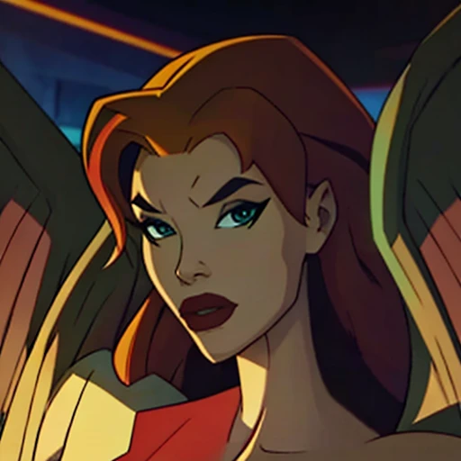 Shayera hawkgirl, voluptuous redhead and big bust,  big angel wings,  beautiful face,  