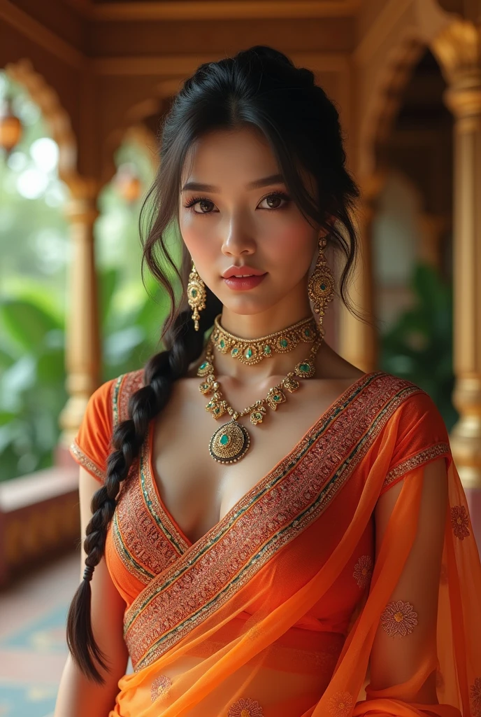 Please draw a beautiful woman wearing an Indian sari。She wears traditional jewelry、Standing in front of the temple。Black Hair