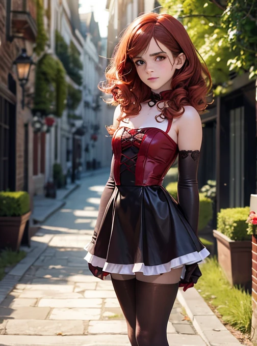 Emma Watson, vampire girl, very curly red  hair, tiny gothic minidress, white pantyhose,     satin elbow gloves,  shoes,  sun shiny day 